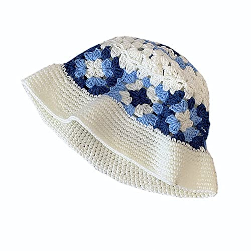 Peoaieh Damen-Strickmütze, Boho-Strickmütze, handgefertigt, gehäkelt, Fischerhut, gestreift, florales Schachbrett, A-Weiß, A-weiß, 7 1/8-7 1/4
