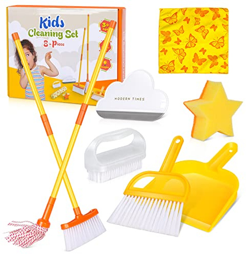 MASTERTOP Kids Cleaning Set, Toy Cleaning Set for Toddlers, Children Pretend Play Set with Mop Broom Brush Dustpan Rag and Glass Scraper, 8pcs Childrens Toys for Girls Boys