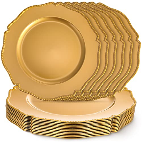 Pinkunn 18 Stück 33 cm Weihnachtsteller Bulk gewellte Platzteller mit Perlenrand Abendessen Kunststoff Ladegeräte Teller für Weihnachten Xmas Hochzeit Empfänge Verlobungsparty Bankette (Gold)