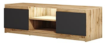 MINIO go for it - TV-Schrank Dingo 120cm Lowboard für Fernseher | TV-Kommode TV lowboard stehend mit 2 Klapptüren & 2 offenen Fächern TV Möbel Wotan Eiche und Schwarz Graphit - mit LED