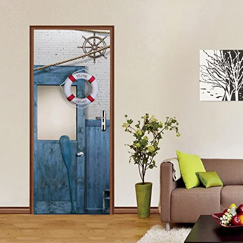 tür aufkleber 90x200cm(35.43 inches * 78.74 inches)Bootspaddel Rettungsring 3D Tür Aufkleber Vinyl Wand Korridor Selbstklebend Abnehmbare Tapete Aufkleber Innentüren Schlafzimmer Wohnzimmer Antikes De
