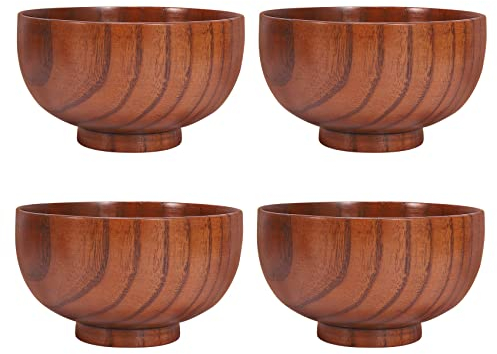 Dojimayisc Jujube Japanese-Style Wooden Bowl - Solid Wood, Diameter 4.5 Inches By 2-5/8 Inches, 4 Packs for Rice, Soup, Dipping, Decoration