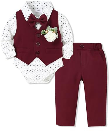 SOLOYEE Bambino Ragazzi Set di Abbigliamento da Gentiluomo, Completi da Battesimo per Neonato Completi Camicia a Manica Lunga + Papillon + Gilet + Pantaloni + Corsage (Rosso, 0-3 Mesi)