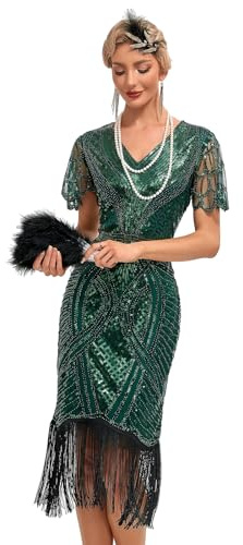 Viloree Gatsby 1920-tals ”flapper”-klänning för kvinnor, vintage, med paljetter, fransar, pärlor, art deco, fin klänning med ärm, för fest, bal, XXL