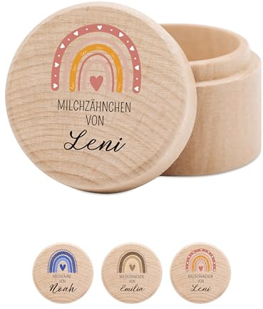 wunderwunsch® - Milchzahndose personalisiert aus Holz mit kinderfreundlichem UV-Druck - Zahndose Milchzähne als Erinnerung an die ersten Zähnchen (Regenbogen rosa)