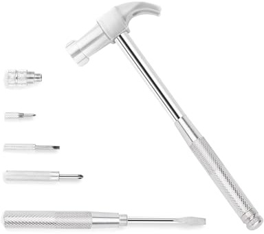 LANDIBO 6-in-1 Multi-Purpose Hammer & Screwdriver Tool with Non-Slip Handle Slotted/Flat Head Phillips Screwdriver Mini Hammer for Opening Walnut, Home & Watchmaker Repair Tools (argent)