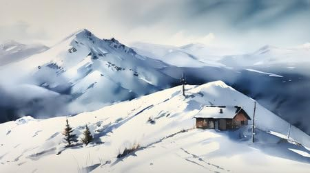 adrium Holz-Bild 70 x 40 cm: Winterliche Berglandschaft mit Holzhaus in den Bergen. Digitale Zeichnung. (202783837)