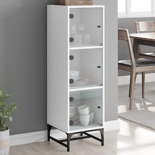 CIADAZ Highboard mit Glastüren Weiß 35x37x120 cm, Wohnzimmerschrank, Sideboard Wohnzimmer, Esszimmermöbel, Vitrinenschrank, Hochschrank - 836560