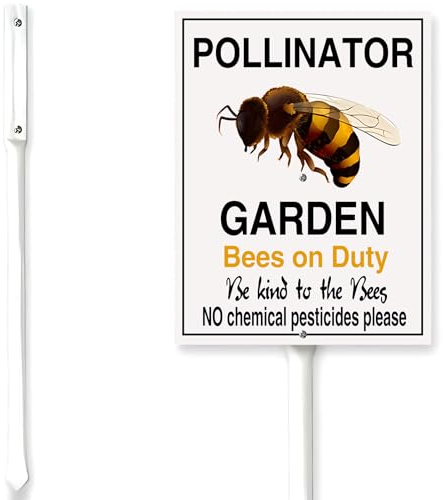 Horienteeon Bestäuber-Gartenschild mit Bienen auf Pfahl, Gartenschild, Pfahl, Warnung, 20,3 x 30,5 cm, Rasen-Hof-Requisite, Dekoration, Outdoor-Aluminium-Dekor und 32,5 cm Pfahl-Set