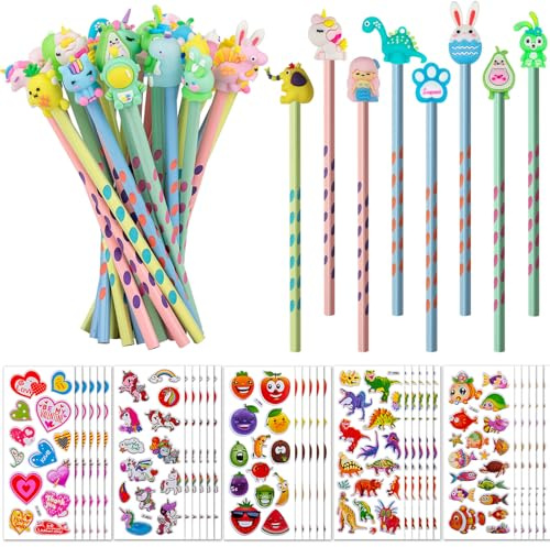 60 Stück Set - 30 Dreikant Bleistifte Kinder und 30 Sticker Kinder, 3D Aufkleber und Tier Bleistifte | Mitgebsel Kindergeburtstag Gastgeschenke Geschenke