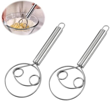 GUOYOU Danish Dough Whisk, 2 Pcs Double Eyes Stainless Steel Bread Dough Whisk, Bread Whisk, Egg Beater, Bread Dough Mixer Making Accessories, Dutch Whisk for Bread Cake Kitchen Pastry Flour