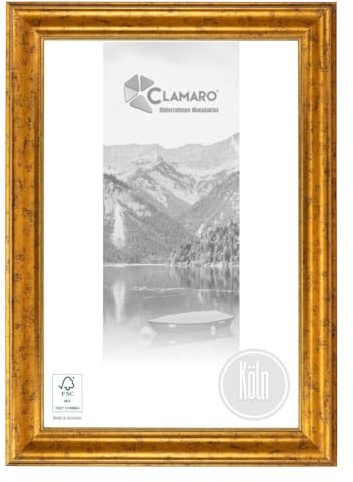 CLAMARO 'KÖLN' Bilderrahmen Antik 30x40 Massivholz | Gold | 51 mm breite Shabby Chic Vintage Barock Leiste | Holzrahmen inkl. Acrylglas, Rückwand, Metall Aufhänger