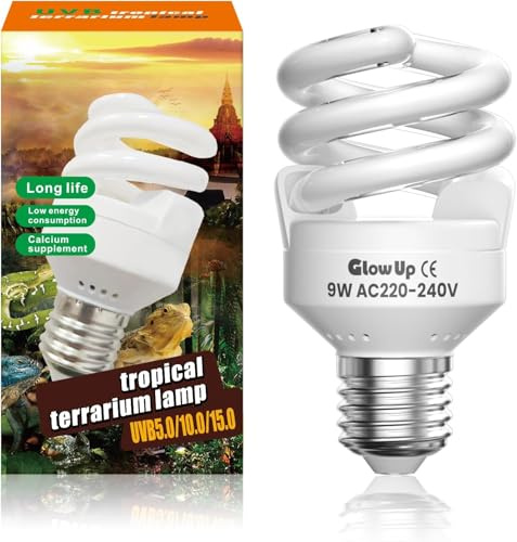 GlowUp 9W UVB 10.0 Reptile Light E27 10.0 UVB Bulb AC 220-240V UVA UVB Bulb Tortoise Beam Angle 360°Fluorescent Lamp for Aquarium, Glass Container, Feeder, Turtle, Snake, Lizard, Etc (1Pcs)