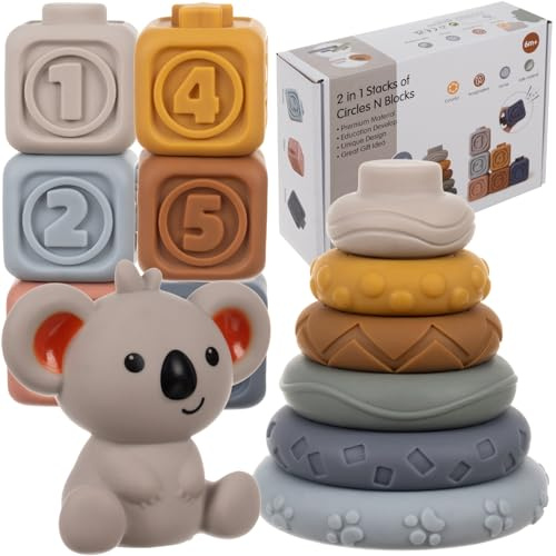 KRUZZEL Stapelspielzeug Ringe Bausteine Koala Stappelturm Beißringe Quitschspielzeug für Babys ab 6 Monaten 24812