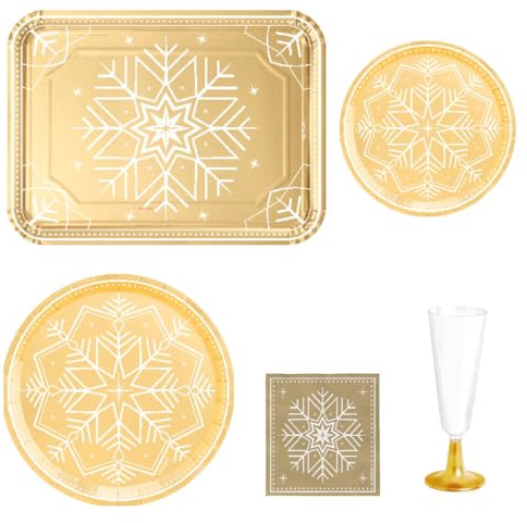 OH YEAH - Vajilla Navidad Cartón Ecológico - Kit 12 Personas - Decoración Navidad Winter Oro - Pack 68 uds - Temática Navideña - Ideal para Nochebuena, Fiestas y Cenas Especiales