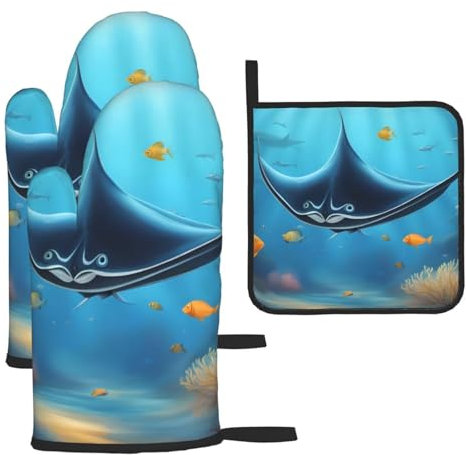 YYHHAOFA Lot de 3 gants de cuisine imperméables et durables pour four et manique pour isolation thermique et raie manta et poissons