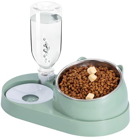 Futterstation Katzen mit Automatischer Wasserflasche 2 In 1 Erhöhte Schüssel Aus Edelstahl Anti-Erbrechen Katzennäpfe für Kleine, Mittelgroße Katzen Hunde(Grün, groß)
