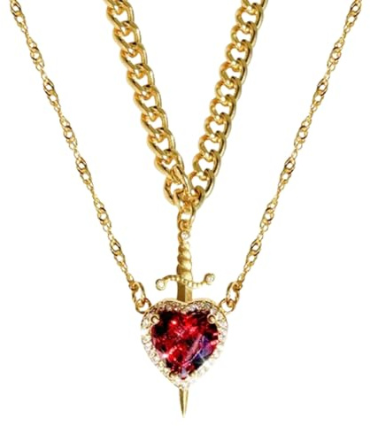 Collar de Pareja con Espada en Forma de corazón, 2 Piezas, Colgante de Espada en Forma de corazón en Capas de Plata y Oro, Collar Vintage de moissanita a la Moda (Style B,One Size)