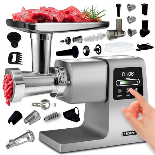Yoer GrindForce MG02S, 7-in-1 Fleischwolf, 2500W, Wurstfüllen, Schneiden, Saftpressen, Formen von Nudeln und Keksen, Formen von Kebbe-Fleischbällchen, 6 Geschwindigkeitsstufen, Rückwärtslauf