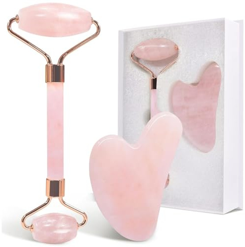 Jade Roller und Gua Sha Set, Rosenquarz Roller mit Guasha Stein, Gesichtsroller für Frauen, Massagewerkzeug für Gesicht, Hals und Körpermuskulatur Entspannen, Rosa
