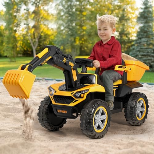 Lischwert Sitzbagger mit Lenkbarer Schaufel & Hupe,12V Kinder Elektroauto,Rutschauto, 2,4 Ghz Fernbedienung & LED-Licht & Musik & USB, Elektrofahrzeuge für Kinder ab 3 Jahre