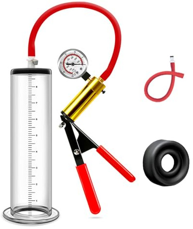 Bombas de vacio para el pene con mango y manometro bomba de pene juguetes sexuales para hombres, bomba de alargamiento del pene extensor masturbarse para el hombre polla estiramiento (Red,57mm)