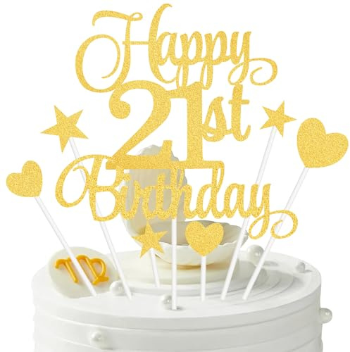 21st Birthday Cake Decorations, 7Pcs Happy Birthday Cake Topper with Heart Star Cupcake Picks, Gold Glitter Happy 21 Years Old Birthday's Sign for Party Supplies