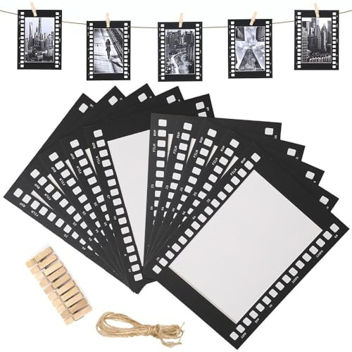 4''×6'' Paper Picture Frames,Wall Mount Display Pictures Vintage Cinematic Film Photo Frame,10Pcs Hanging Photo Holders Set with String & Clips for DIY Idol Postcard,Home Decor,Gifts (Black)