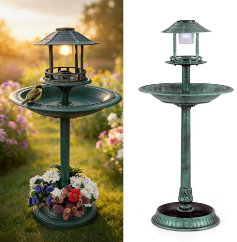 GYMAX Vogeltränke stehend mit Solarleuchte, Vogelbad Garten mit Blumenkübel & befüllbarem Ständer, Wasserschale Vögel, Futterstation für Balkon & Garten, Nr. 1 Bronze