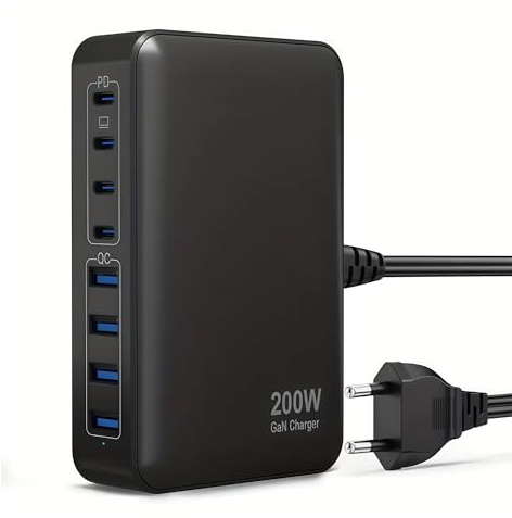 Caricatore USB C GaN Fast Charger totale 200W 8-Port Presa USB Adattatore, Caricabatterie Rapido PD PPS da 65 W per Mac, iPad, iPhone 16/15/14/13 Pro max, Samsung Galaxy S25 ultra,Pixel ecc