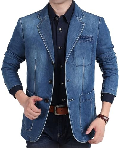 Blazer décontracté en jean vieilli pour homme, col cranté, veste 3 boutons, coupe slim vintage, tendance, style camionneur, bleu, taille L