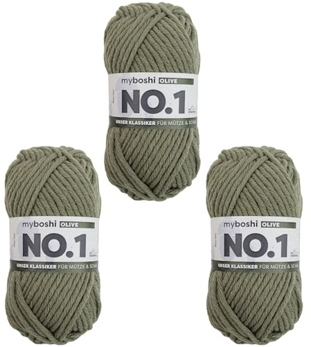 myboshi No.1 Wolle zum Häkeln und Stricken, Schnellstrickgarn, langlebige Mützenwolle, Strickwolle, Häkelwolle, mulesing-frei, 50g, Ll 55m Grün (Olive) 3 Knäuel