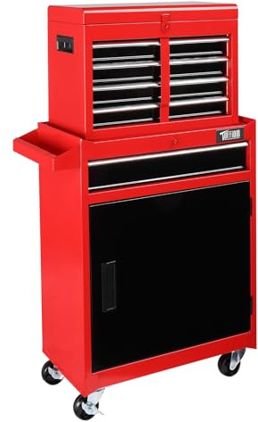 Bonnlo 8 Drawer Rolling Tool Chest, Tool Storage Cabinet, Lockable Wheels | Detachable Top & Adjustable Shelf, Mechanic Tool Organizer Box for Garage, Workshop, Warehouse & Repair Shop, Red