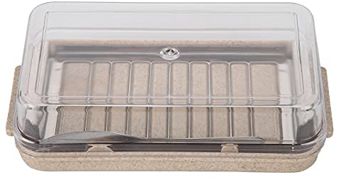 FAUOSWUK Cortador de Mantequilla de Acero Inoxidable, Recipiente de Almacenamiento de Mantequilla con Cubierta Transparente para Cocina, Corte Rápido y (Caja para cortar mantequilla (fondo de trigo)
