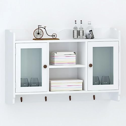 Owoxanthellate Hängeschrank Weiß 68 x 17 x 44 cm mit 2 Glastüren und 4 Haken, lackiertes MDF, modernes Wandregal für Küche Flur und Wohnzimmer