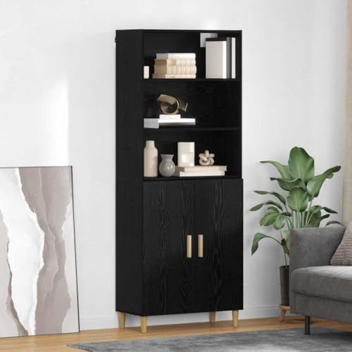 Qnhdfrt Highboard 69.5×34×180 cm, Schwarz-Eiche, Sideboard mit 2 Türen, Standvitrine wandmontierbar, Flur Esszimmer Büro