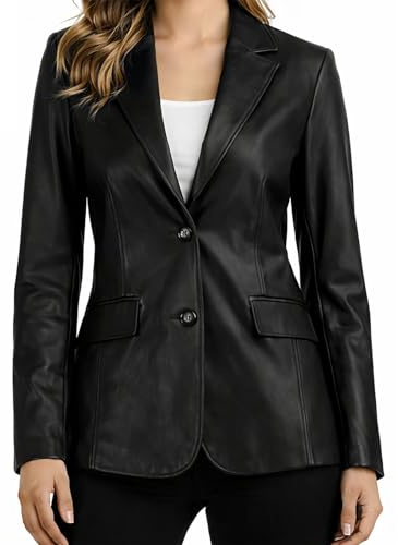 AAOutfitz Blazer da donna in vera pelle con due bottoni, Nero - Pelle, XXL
