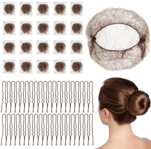 Hair Nets for Buns, 20 PCS Elastic Stretchable Bun Nets with 40 PCS U-Shaped Bobby Pins, Ideal for Ballet Dancers, Nurses, Chefs, and Flight Attendants (Brown)