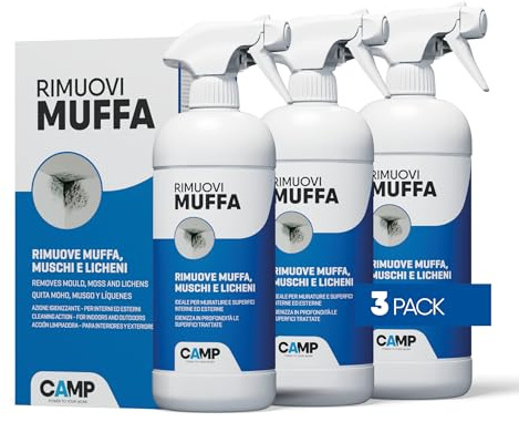 CAMP Rimuovi Muffa - Antimuffa per Muri Interni ed Esterni ad Azione Rapida, Spray Antimuffa Igienizzante Pronto all'Uso, Ideale per Rimuovere Muffe, Muschi e Funghi - Prodotti Pulizia Casa, 3x750 ml
