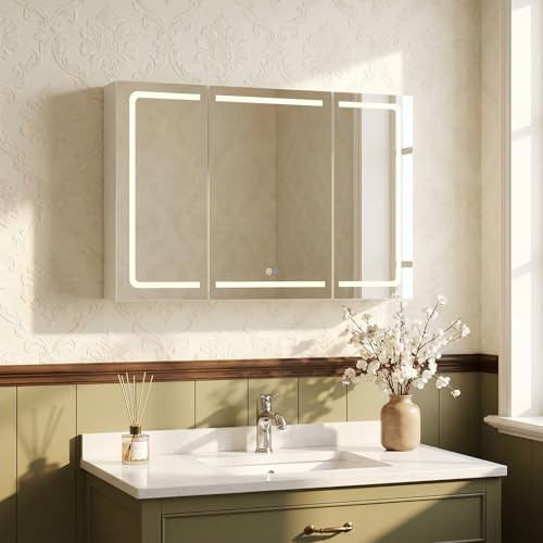JUMMICO Spiegelschrank Badezimmer mit LED, 120x75cm, Faltdesign, dimmbares Licht, Anti-Beschlag, sanftschließend, integrierte Steckdose & USB, 5 Ebenen, feuchtigkeitsbeständig