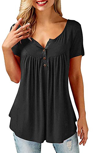 Amoretu T-Shirt Damen V-Ausschnitt Knopfleiste Bluse Solide Tunika Langarm/Kurzarm Tops