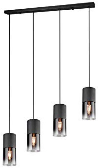 4-flammige Balkenpendelleuchte mit Rauchglas Lampenschirmen Breite 80,5cm