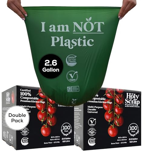 HOLY SCRAP! Small Compostable Trash Bags - 2.6 Gallon, 200 Pack, 100% Plastic-Free Decomposing Kitchen Food Waste Trash Can Bags & Liners, Thick Countertop Garbage, Bathroom & Bio Bin Bags