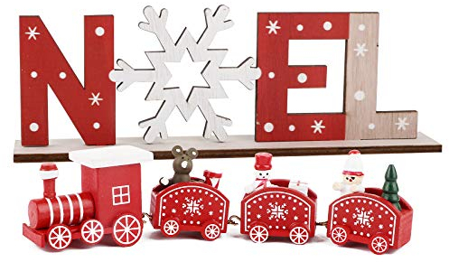 BHGT Train de Noël en Bois Lettre en Bois Ornement Bois Decoration Noël Table de Noël Boule de Noël Lettre Noël Cadeau Jouets Fenêtres Vitre Décoration (Rouge + Noel)