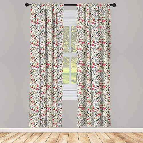 ABAKUHAUS Blumen Vorhänge, Gardinen, Vögel Rosen-Tupfen, Fensterbehandlungen für Wohnzimmer Schlafzimmer Dekor, 2 Stück 75 cm b x 175 cm h,Beige Grün