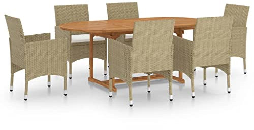vidaXL Gartenmöbel 7-TLG. Sitzgruppe Gartengarnitur Gartenset Sitzgarnitur Gartentisch Gartenstuhl Tisch Stühle Esstisch Essstuhl Poly Rattan Beige