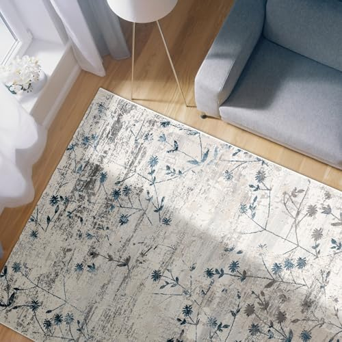 Hochwertiger Designer Teppich Antea - Moderne Kurzflorteppiche - Wohnzimmerteppich im Vintage Design - 160 x 230cm, Blumen blau