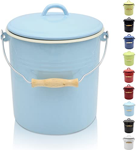 Krüger Papperskorg med lock – stålsoptunna med emaljbeläggning och trähandtag – skär- och reptålig yta – hållbar och mångsidig användning (10 liter, sylt)