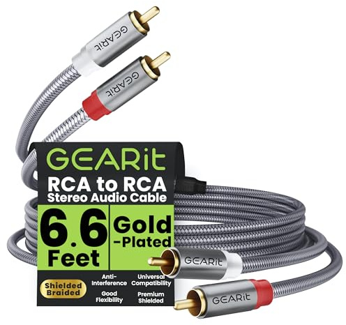GEARit RCA Cable (6.6FT) 2RCA Male to 2RCA Male Stereo Audio Cables Shielded Braided RCA Stereo Cable for Home Theater, HDTV, Amplifiers, Hi-Fi Systems, Car Audio, Speakers, 6.6 Feet