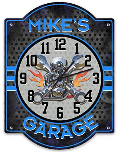 Decorative Concepts Motorcycle Garage Blue Wall Clock Customized, Biker Parking Clock, Mechanic Clock